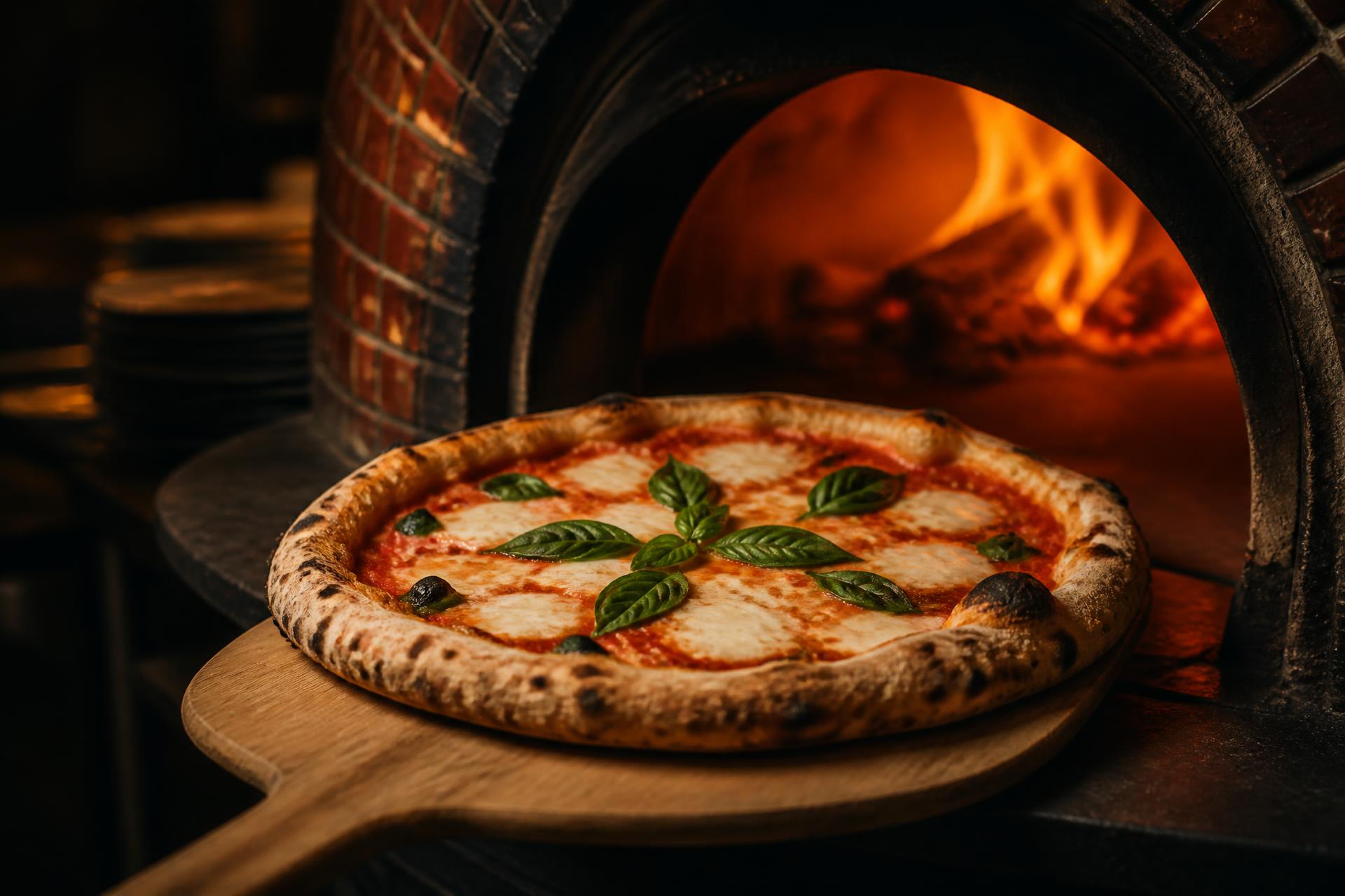 Pizza napolitana saindo do forno a lenha